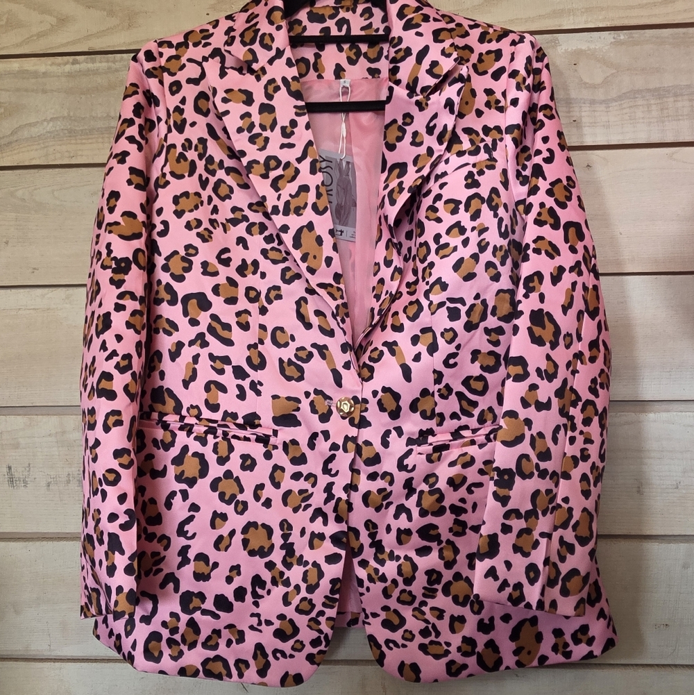 NWT OYROSY Pink Leopard Print Satin Women's Blazer Size Small